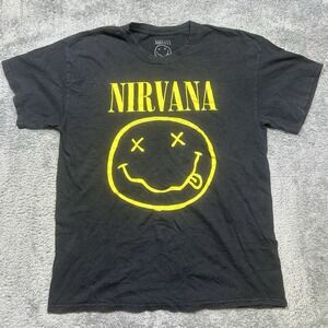 Nirvana‎ Smiley Face T-Shirt Mens L Black Yellow Concert Rock Band Graphic 2020